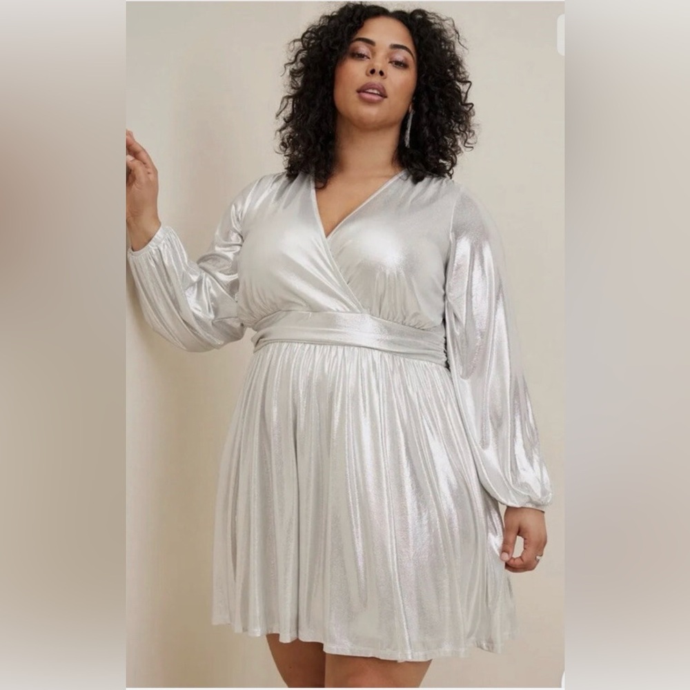 torrid Silver Metallic Wrap Mini Dress